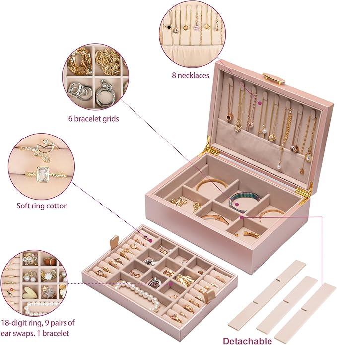 2-layer jewelry box，Jewelry Organizer with Handle，with hanging necklace hooks, detachable jewelry trays, suitable for storing a large amount of jewelry gift box (rose gold)-BubblyBeeBaby