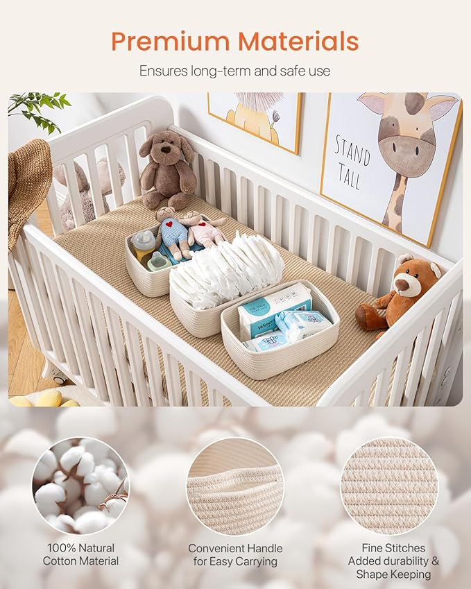 KALLAX Small Woven Basket, 12 x 8 x 4.5 Inches, Storage Basket for Organizing, Cute Small Rope Shelf Closet Cube Storage Bins Baskets for Shelves, Dog Toy Gift Baskets Empty, 3 Packs, Off White-BubblyBeeBaby