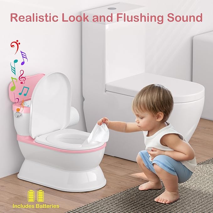 2-in-1 Toddler Potty Training Toilet - Larger Potty Chair & Detachable Training Seat for Boys & Girls Ages 1-3 with Flushing Sound, Wipes Storage, Toilet Paper Holder - Pink-BubblyBeeBaby