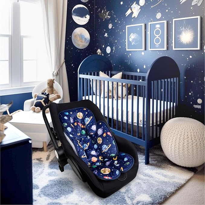 Pea Pod Baby Car Seat Head Support for Newborn, 2 in 1 Infant Car Seat Head Body Support for Boys Extra Soft Breathable Baby Car Seat Cushion Insert for Strollers, Swings, and Bouncers, Blue Space-BubblyBeeBaby