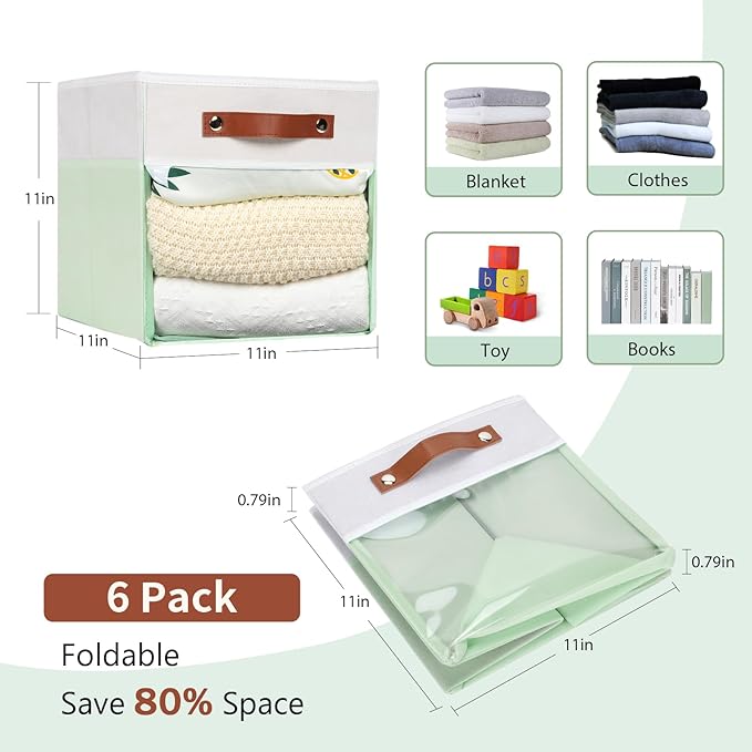 HNZIGE Clear Storage Cubes Bins 11 x 11, Fabric Storage Cube Bins for Storage Organizer,Shelf Storage Bin for Organizing, Cubby Foldable Cube Organizer Bin for Storage Blanket Home(White Green 6PCS)-BubblyBeeBaby