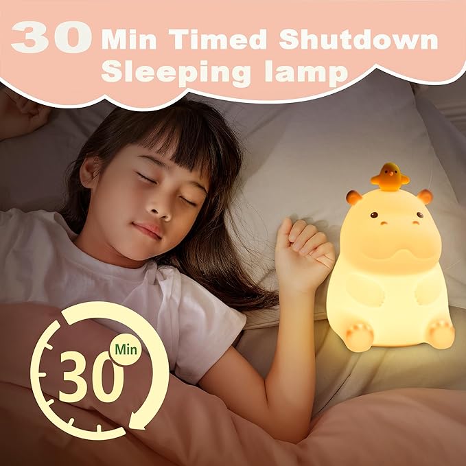 Hippo Night Light, Cute Silicone Squishy LED Lamp, Dimmable Nursery Nightlight, Rechargeable Bedside Table Lamp with Touch Sensor, Gifts for Bedrooms,Living Room,Breastfeeding-BubblyBeeBaby