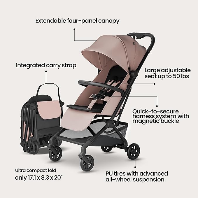 Mompush Velo Lightweight Travel Stroller – One-Hand Fold, Ultra-Compact & Airplane Friendly, Lie-Flat Recline Seat (from Birth to 50 lbs), Includes Cup Holder, Shoulder Strap, and Leather Bumper Bar-BubblyBeeBaby