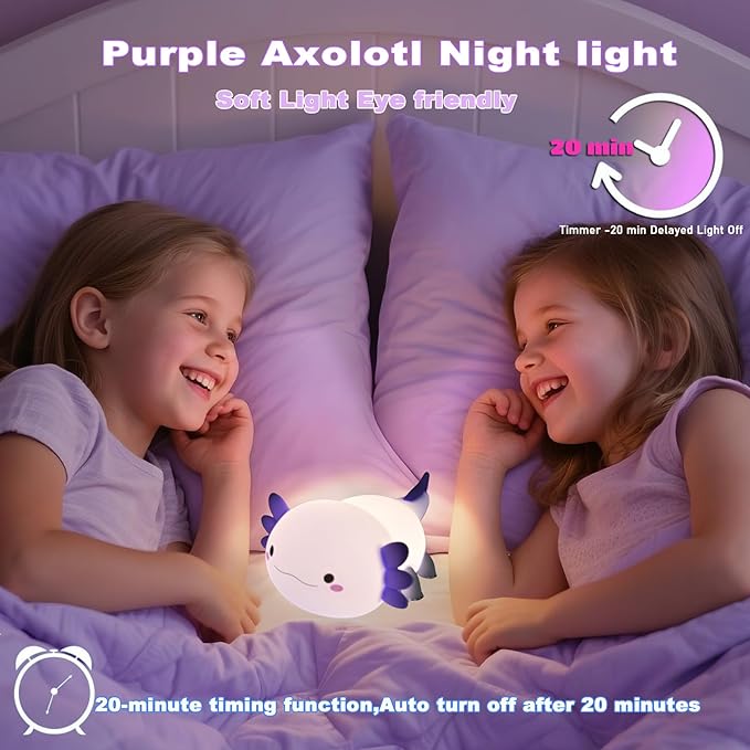 HAPPYBAG Axolotl Night Light,Cute Axolotl lamp Gifts for Kids,Dimmable Silicone Animal Nursery Night Light,Kawaii Rechargeable Bedside Touch Lamp,Baby Room Decor Axolotl Light-BubblyBeeBaby