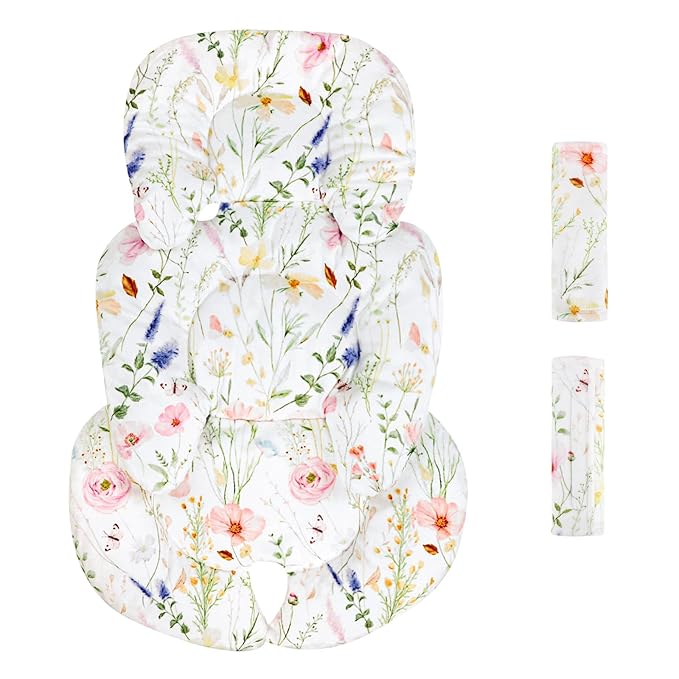 Infant Car Seat Insert, Car Seat Head Support Baby Girls Boys, Soft & Reversible Newborn Carseat Insert Cushion with 2 Strap Covers, for Stroller, Swing, Bouncer (White Wildflowers)-BubblyBeeBaby