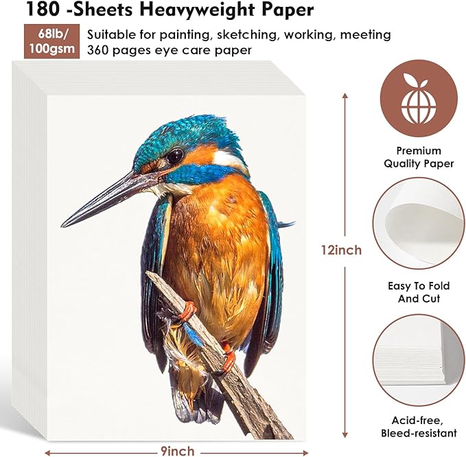 180 Sheets Sketch Paper, 9" x 12" Acid Free Artist Art Easel Drawing Painting Writing Sketching Book Paper Bulk, Study Essentials College Office School Supplies for Kids Students Adults Beginners-BubblyBeeBaby