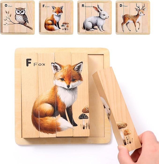 IEATFO 4 in 1 Wooden Animal Chunky Puzzle, 5 Solid Wood Puzzle Blocks with 4 Sides Realistic Forest Animals, Wooden Block Puzzle with Durable Base for Toddlers 3+ Years - Montessori Inspired-BubblyBeeBaby
