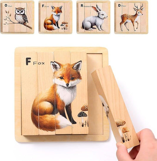 IEATFO 4 in 1 Wooden Animal Chunky Puzzle, 5 Solid Wood Puzzle Blocks with 4 Sides Realistic Forest Animals, Wooden Block Puzzle with Durable Base for Toddlers 3+ Years - Montessori Inspired-BubblyBeeBaby