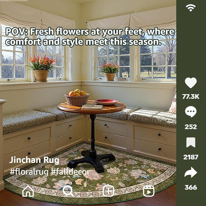 jinchan Floral Corner Rug for Entryway Washable Kitchen Rug Vintage Romance Design Non Slip Quarter Circle Lightweight Low-Pile Throw Carpet for Playroom Reading Nook Nursery, 4ft Radius, Green-BubblyBeeBaby