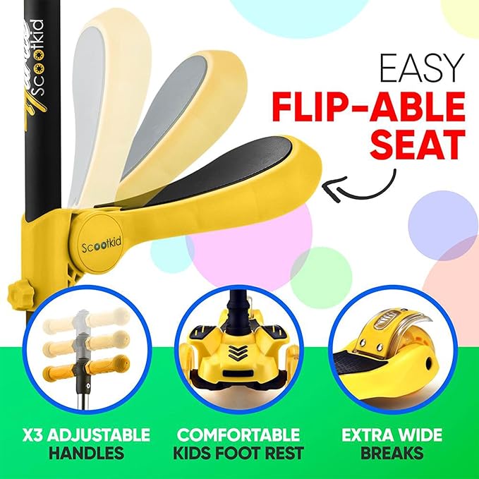 Hurtle 3-Wheeled Scooter for Kids - Wheel LED Lights, Adjustable Lean-to-Steer Handlebar, and Foldable Seat - Sit or Stand Ride with Brake for Boys and Girls Ages 1-14 Years Old-BubblyBeeBaby