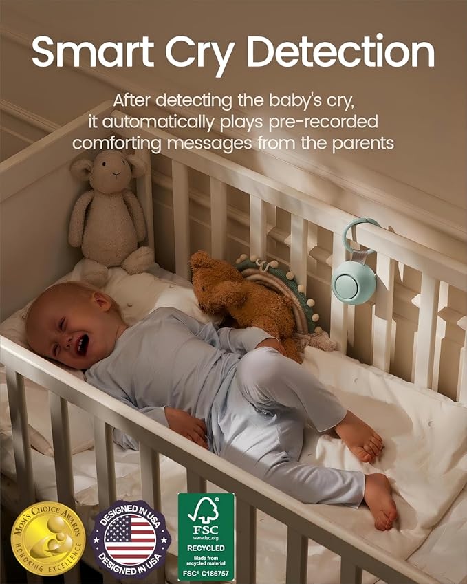 2025 Mom's Choice Awards, Portable Sound Machine for Baby Adult, AI Cry Detection, 18 Soothing Sound, Bluetooth Rechargeable White Noise Machine for Home Office Travel, Nursery Light, Green-BubblyBeeBaby
