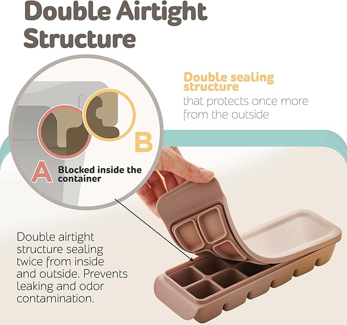 12 Section-0.5oz, Gray 100% Food Grade Silicone Ice Cube Tray Food Container with Airtight Locking Lid, Fruit Vegetable Purees, Breastmilk Storage for Baby & Toddler Food | BPA Free Korea Made-BubblyBeeBaby