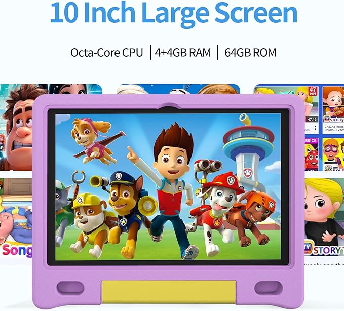 JREN Kids Table 10.1" ｜Android 14 Tablet for Kids｜64GB Storage｜Octa-Core｜WiFi ｜Cameras｜Parental Control｜Kids Content｜Case Included Great Gift for Children Ages 3-12 Years Old Purple-BubblyBeeBaby