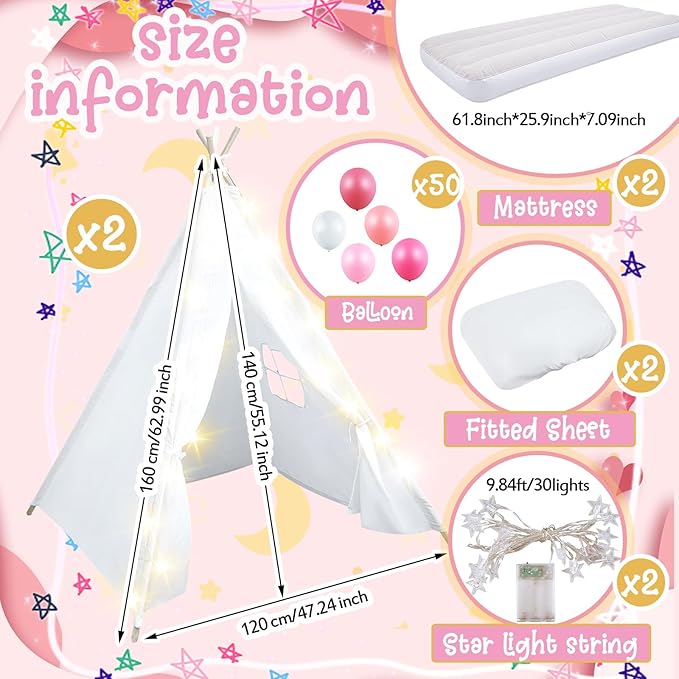 2 Pack Kids Teepee Tent with Mattress,Fitted Sheet,Light String,Washable Natural Cotton Toddler Play Tent for Girls Boys Indoor Outdoor Sleepover Slumber Birthday Party(White)-BubblyBeeBaby