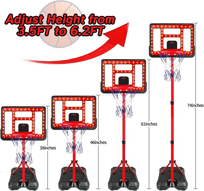 Kids Basketball Hoop Adjustable Height 3.5FT-6.2FT, Indoor Outdoor Toddler Basketball Hoop with LED Scoreboard, Boys Basketball Toy for 3 4 5 6 7 8 Years Gift, Portable Basketball Goals Sport Game-BubblyBeeBaby