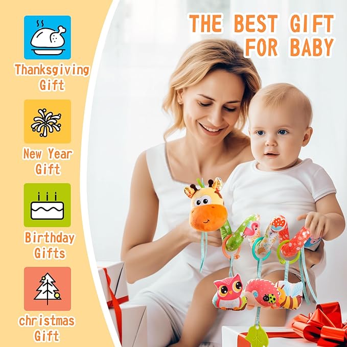Jollybaby Crib Stroller Car Seat Toys for Baby 0-3-6-9-12 Months, Tummy Time Hanging Sensory Toys for Newborn with Music Box and Teether, Spiral Carseat Toy for Infant Boys Girls Gifts (Yellow)-BubblyBeeBaby