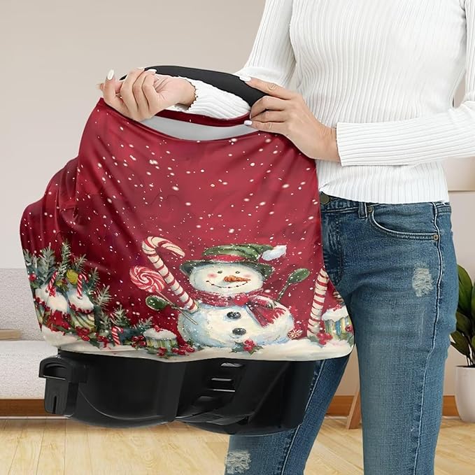 Binienty Snowman Car Seat Covers for Baby Boys Girls Infants,Christmas Snowman Carseat Canopy Cover Stretchy Breathable Babies Stroller Cover Canopies,Baby Shower Gifts-BubblyBeeBaby