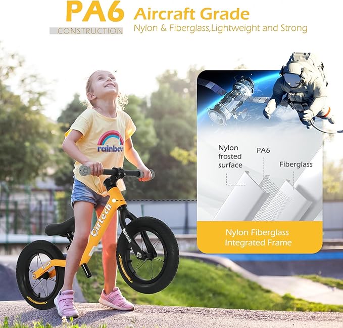 12" Balance Bike for 2, 3, 4, 5 Year Old Boys and Girls, Lightweight Nylon Frame Toddler Training Bike No Pedal Bikes for Kids with Adjustable Seat and Air Tires-BubblyBeeBaby