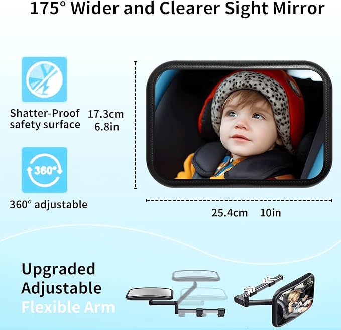 Baby Car Mirror Rear Facing, Safety Adjustable Car Seat Mirror for Baby Extendable Camera Monitor with Hook Clip Design Clear View ShatterProof + 2 Baby on Board Stickers,2 Seat Headrest Hook-BubblyBeeBaby