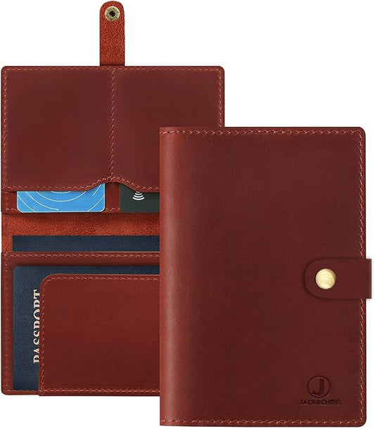 Jack&Chris Genuine Leather Passport Holder For Travel, RFID Blocking Handmade Passport Holder with Card Case Organized & Safe, Quality Travel Essentials for Women and Men for Gifting, Red-BubblyBeeBaby