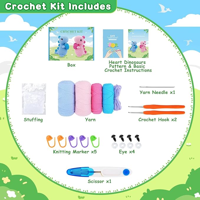 Heart Dinosaurs Crochet Kit for Beginners - 2PCS Blue and Pink Dinosaurs Crochet Kit with Step-by-Step Video Tutorials, Dinosaur Crochet Starter Kit for Adult Kid, Crochet Stuffed Animal Knitting Kit-BubblyBeeBaby