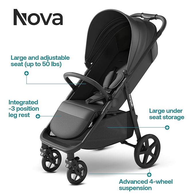 Mompush Nova Baby Stroller for Toddler, Infant & Newborn | Spacious Seat & Lie-Flat Mode | Compact One-Hand Fold, UPF 50+ Canopy & All-Wheel Suspension | Includes Rain Cover & Cup Holder-BubblyBeeBaby