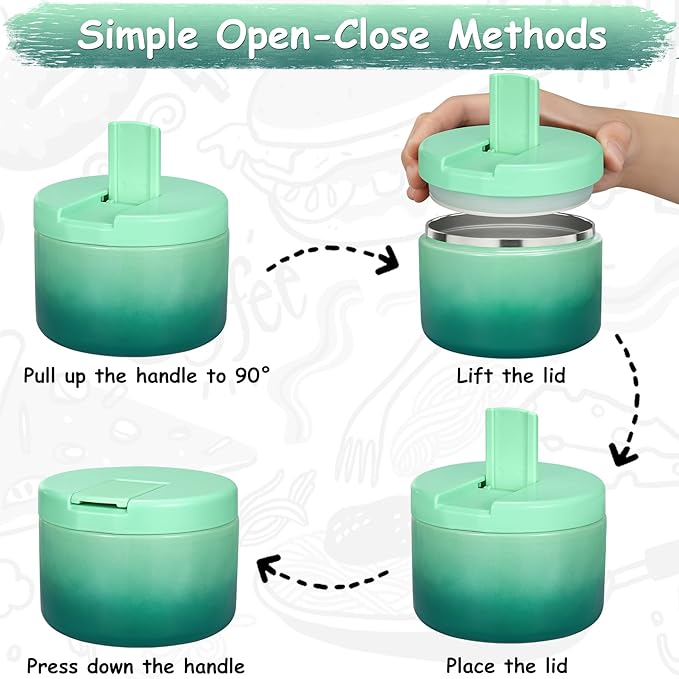 12oz Insulated Vacuum Food Jar with Buckle Lid Wide Mouth Soup Thermo for Hot Food Kids Leakproof Stainless Steel Lunch Container (Gradient Green, 12OZ)-BubblyBeeBaby