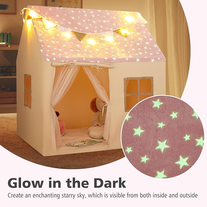 INFANS Kids Play Tent with Glow in The DarkWashable Mat Star Light Windows, Anti-Trip Large Playhouse Toys for Children Boys Girls, Indoor Outdoor Princess Tents Castle for Toddlers (Fluorescent Pink)-BubblyBeeBaby