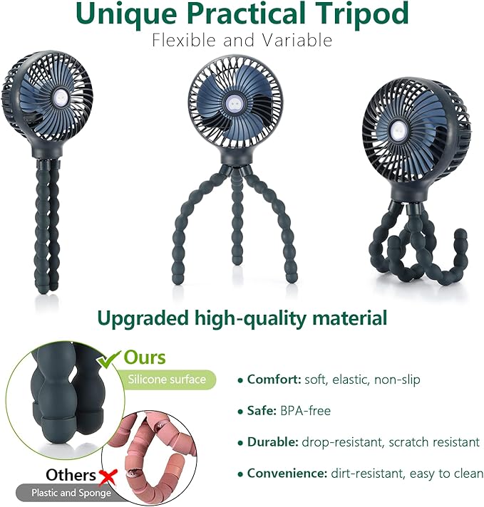 snawowo Mini Handheld Personal Portable Fan, Baby Stroller Fan, Car Seat USB or Battery Powered, with Flexible Tripod Clip on Student Bed Desk Bike Crib Treadmill Camping Traveling(Dark Blue)-BubblyBeeBaby