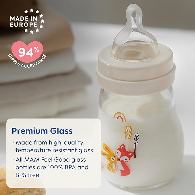 MAM Feel Good Glass Baby Bottle and Pacifier Bundle, Unisex, Slow Flow and Medium Flow, Premium 5oz and 9oz Glass, Easy Switch Between Breast to Bottle, MAM Perfect Night Pacifier 0+ Months, Glows in-BubblyBeeBaby