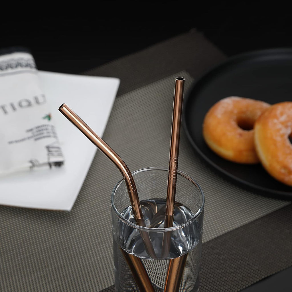 DEVICO Portable Utensils, Travel Camping Cutlery Set, 8-Piece including Knife Fork Spoon Chopsticks Cleaning Brush Straws Portable Case, Stainless Steel Flatware set (Rose Gold)