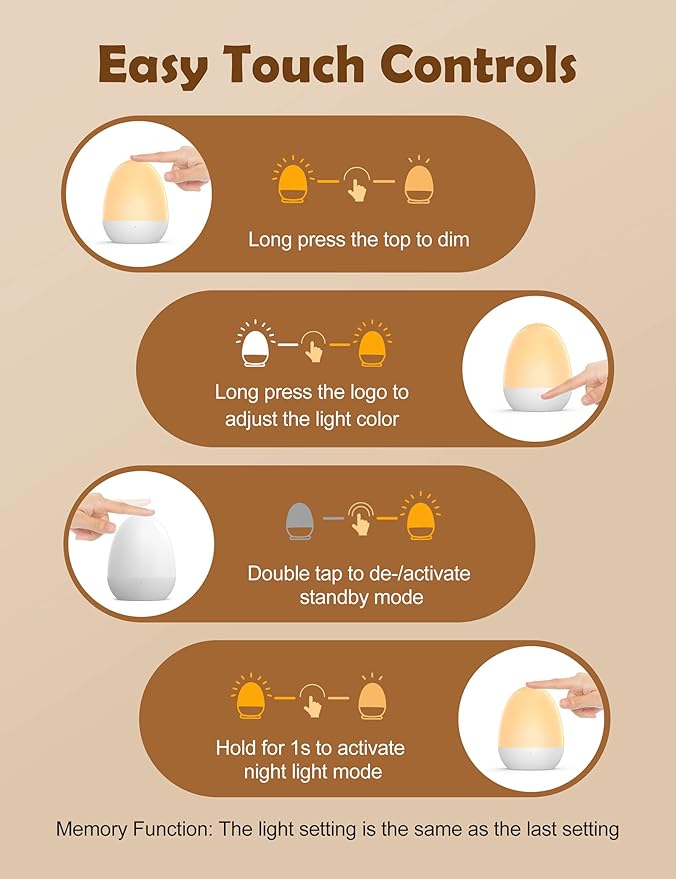 JolyWell Baby Night Light for Kid, Portable Egg Nightlight with Stable Charging Pad, Touch Nursery Night Lamp for Breastfeeding, Toddler Night Light for Bedroom, Timer Setting, ABS+PC, White-2-BubblyBeeBaby