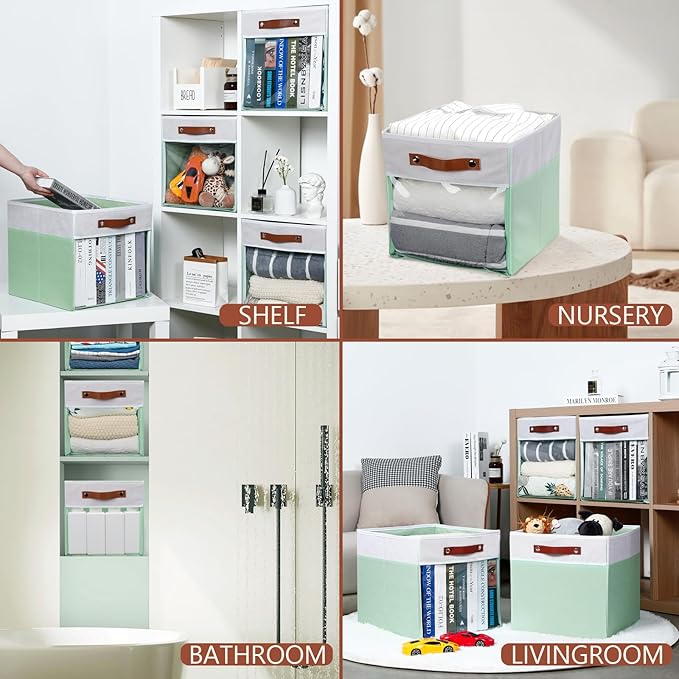 HNZIGE 13x15x13 Cube Storage Bins, 4 Pack Fabric Clear Organizer With Window, Large Collapsible Shelf Bins for Closet, Toy, Clothes - White Green-BubblyBeeBaby
