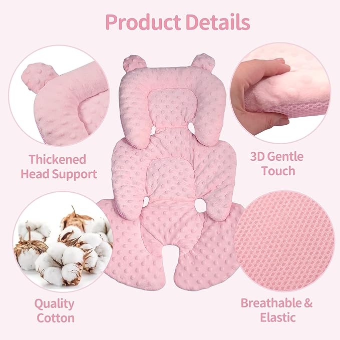 3in1 Reversible Carseat Head Body Support Newborn,3D Minnky Infant Car Seat Insert,Extra Soft Breathable Baby Car Seat Pillow Cushion Boys Girls,fit Stroller,Bouncer,Swing(Pink)-BubblyBeeBaby