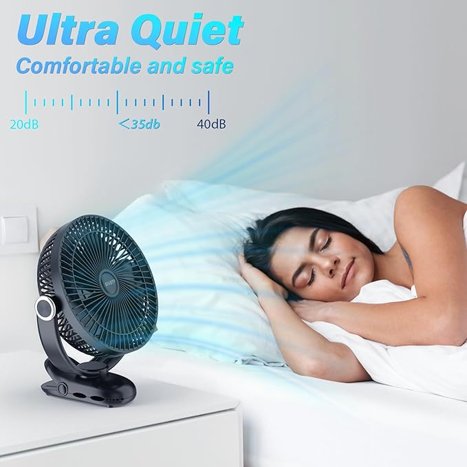 12000mAh Clip on Fan 30H Longest Runtime, 8in Portable Fan Rechargeable, Ultra Quiet with Heavy-Duty Clamp, USB Desk Fans for Golf Cart,Office Desk, Treadmill, Camping, Bedroom-BubblyBeeBaby