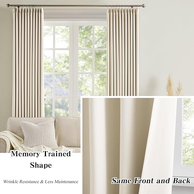 KEQIAOSUOCAI Extra Long Large Viral Pinch Pleat Cream Beige Curtains 132 Inch Long with Hooks Sound Deadening 11 ft Length Cute Curtains & Drapes for Living 130 Inch Window W40 x L132 x 2Panels-BubblyBeeBaby