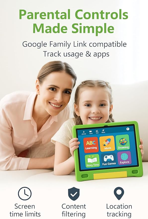 10.1 Inch Kids Tablet with Shockproof Case | Android 14, 64GB+8GB RAM, 12H Battery | Parental Control, Google Kids Space & Preloaded Educational Apps | WiFi 6, HD Display, Ages 3-12-BubblyBeeBaby