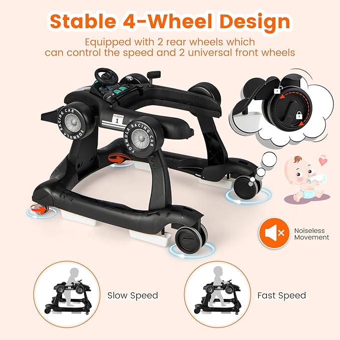 HONEY JOY 4-in-1 Baby Walker, Activity Push Walker w/3 Adjustable Heights, Smooth Wheels w/Adjustable Speed, Padded Seat, Music & Light, Foldable Car Walker for Baby Boys Girls Age 6 Months+ (Black)-BubblyBeeBaby