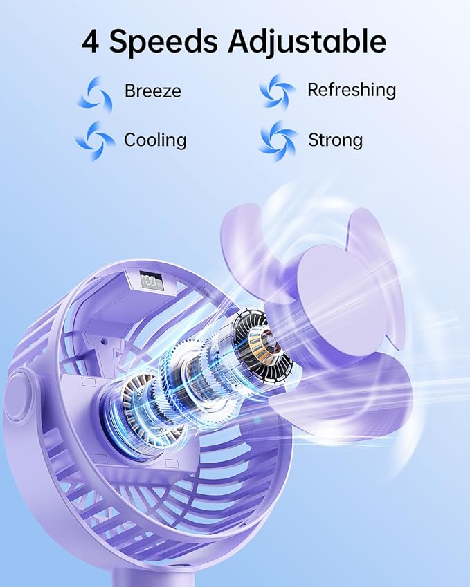 SWEETFULL Portable Stroller Fan with Display 4000mAh Battery Powered Mini Clip On Fan, 4-Speed Rechargeable Small Personal Cooling for Baby Car Seat Crib Travel - Purple-BubblyBeeBaby