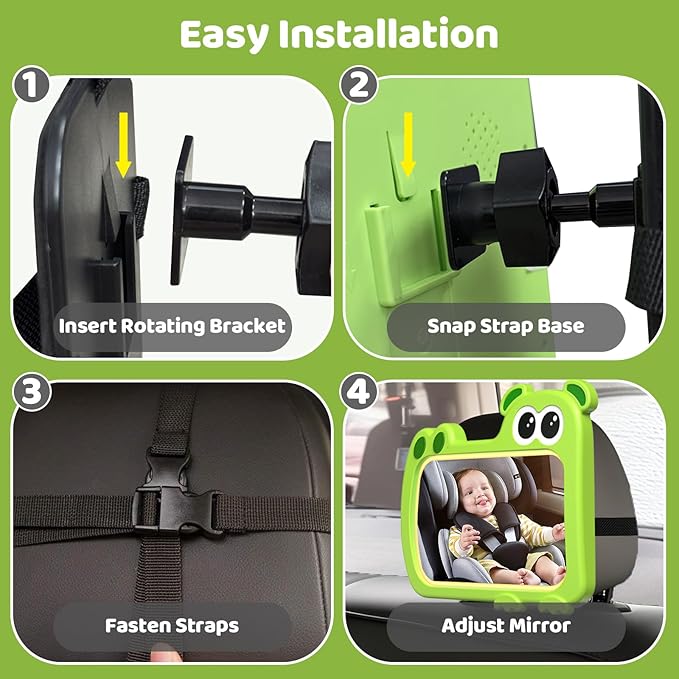 2-in-1 Baby Car Mirror with Lights & Soft Sounds, Cry Detector, Clear Night View, 360° Rotation, Shatterproof, Rear Facing Baby Car Seat Mirror with Remote Control, Perfect Baby Shower Gifts (Green)-BubblyBeeBaby