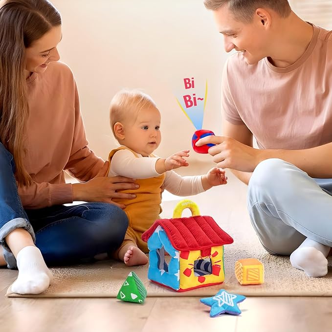 JoyCat Infant Toys 6-12 Months, Soft Sensory Toy with 4 Fabric Shapes, Baby Learning Shape Sorter for 3 4 5 6 7 8 9 10 11 12-18 Months, Baby Shower Birthday Gift Boy Girl-BubblyBeeBaby