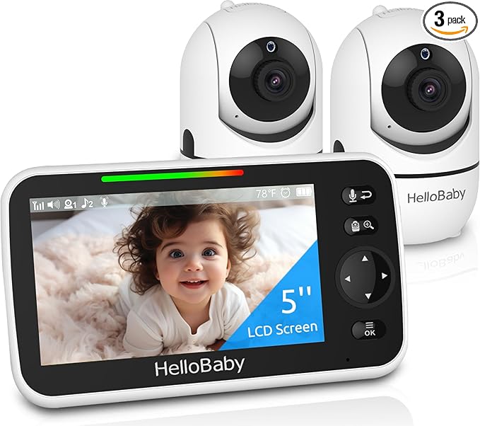 HelloBaby Upgrade 5’’ Baby Monitor with 30-Hour Battery, 2 Cameras Pan-Tilt-Zoom, 1000ft Range Video Audio Baby Monitor No WiFi, VOX, Night Vision, 2-Way Talk, 8 Lullabies and Temperature-BubblyBeeBaby
