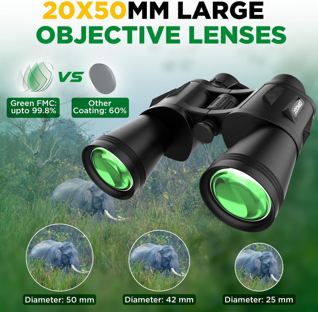 Binoculars with Smart Phone Bracket Adapter, Militar, 20x50, Adults, Bird Watching, High Power Waterproof with Low Light Night Vision for Hunting, Travel, Games, Carrying Case Strap.