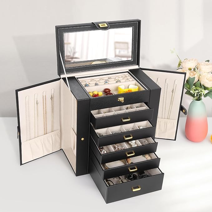 Kendal Extra Large Jewelry Box Jewelry Case PU Leather 6 Tier 5 Drawers Large Storage Capacity with Mirror Jewelry Storage Organizer Great Gift Also Good For Watches LJC-SHD5BK (black)-BubblyBeeBaby