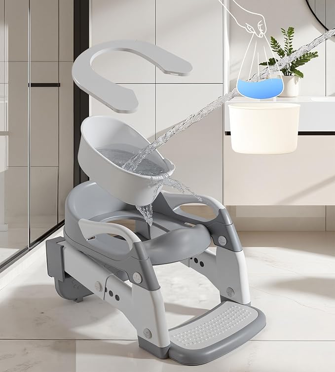2-in-1 Toddler Potty Training Toilet Seat with Step Stool Ladder – Adjustable Height Potty Chair Urinal for Baby Boys Girls Age 1-3, Foldable Training Potty with Splash Guard & Anti-Slip Feet, Grey-BubblyBeeBaby