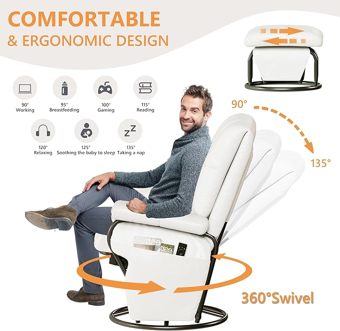 JIASTING 360° Swivel Leather Recliner Chair with Ottoman & Double Side Pockets, Nursing Glider Rocking Recliner Chair, Gliding Chairs for Nursery, Living Room, Office, Bedroom, Metal Frame (White)-BubblyBeeBaby