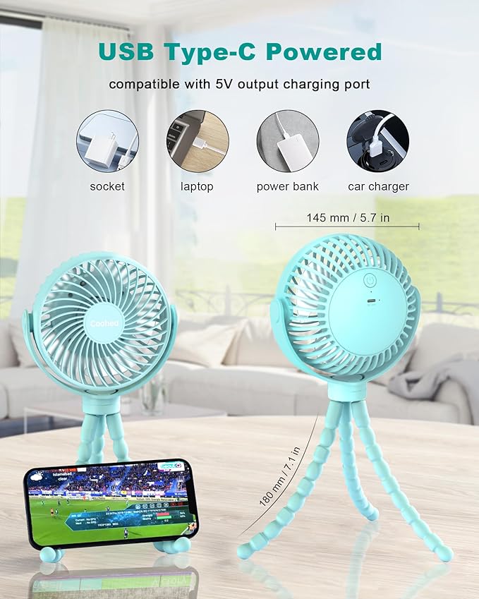 Stroller Fan Clip on for Baby, 4000mAh Rechargeable Battery Operated, Flexible Tripod, 3 Wind Speed, 360° Rotatable, Small Cooling Portable Fan for Car Seat Crib Bike Travel Beach, Blue-BubblyBeeBaby