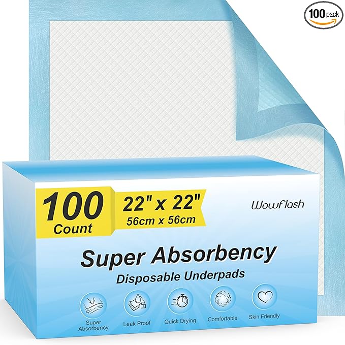 100 Count 22” x 22” Super Absorbency Disposable Underpads, Leakproof Quick Drying Disposable Pads for Baby, Puppy and Adults, Puppy Pads, Cat Pee Pads for Dogs, Potty Puppy Training Pads-BubblyBeeBaby