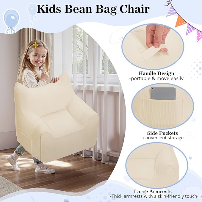 HOMMPA Bean Bag Chair for Kids Stuffed Toddler Bean Bag Sofa with Pocket Filler Cat Shaped Bean Bag Chair Boys and Girls Baby Lazy Floor Sofa Chair for Gaming Reading Playing Beige-BubblyBeeBaby