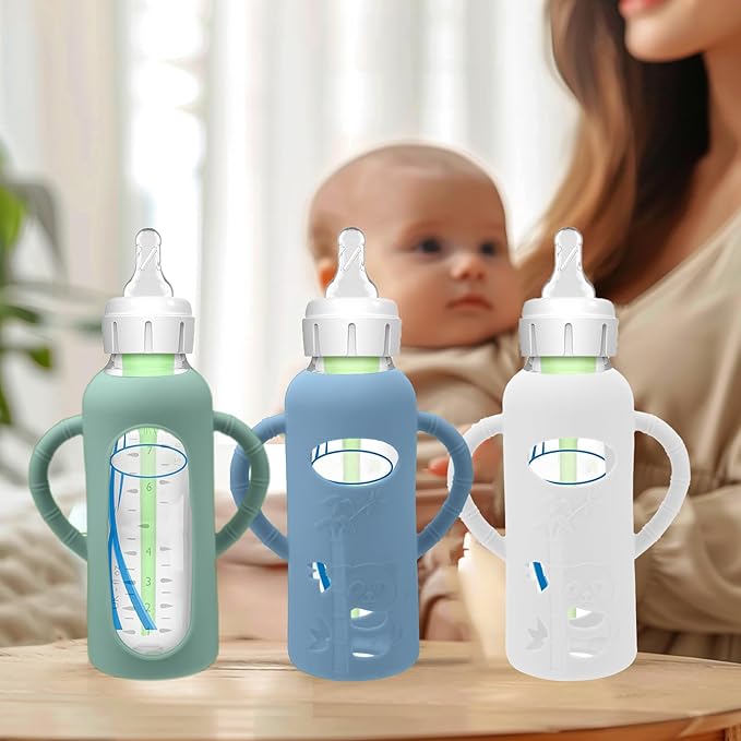 3 Pack Silicone Sleeves for Dr. Brown's Glass Baby Bottles - Drop Protection Baby Bottle Sleeves,Compatible with Dr. Brown's Newborn Glass Bottles,with Silicone Handles,8 oz-BubblyBeeBaby